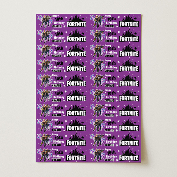 Personalised Wrapping Paper Kids Birthday Stars Fortnite Purple Custom Gift Wrap