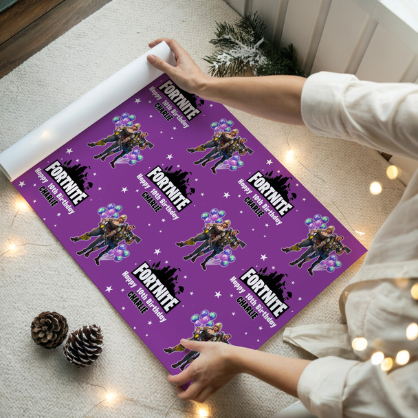 Personalised Wrapping Paper Kids Birthday Stars Purple Fortnite Custom Gift Wrap