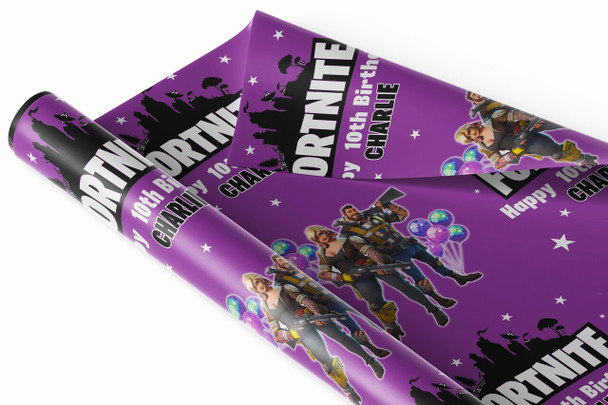 Personalised Wrapping Paper Kids Birthday Stars Purple Fortnite Custom Gift Wrap