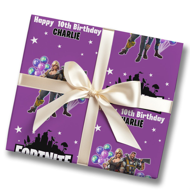 Personalised Wrapping Paper Kids Birthday Stars Purple Fortnite Custom Gift Wrap