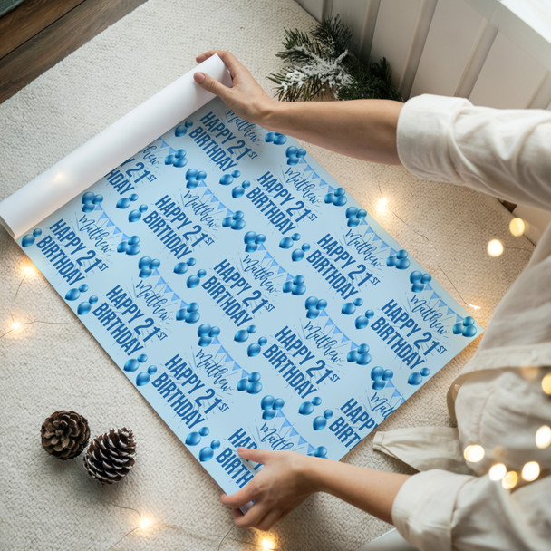 Personalised Wrapping Paper 21st Birthday Blue Boys Custom Gift Wrap
