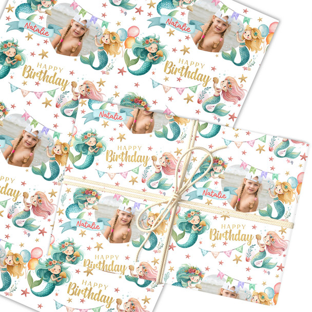 Personalised Wrapping Paper Kids Birthday Mermaids Photo Girls Custom Gift Wrap