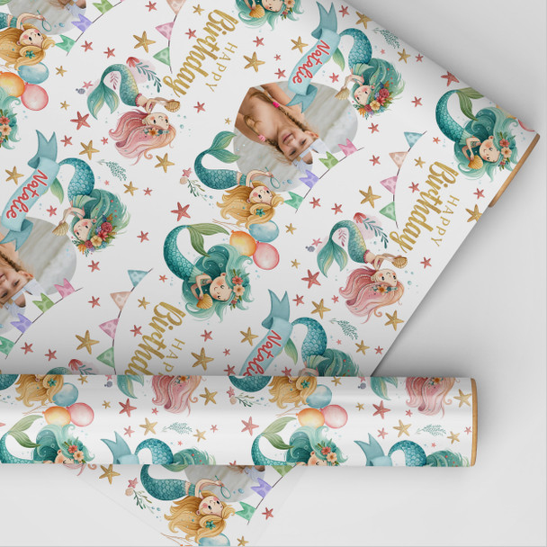Personalised Wrapping Paper Kids Birthday Mermaids Photo Girls Custom Gift Wrap