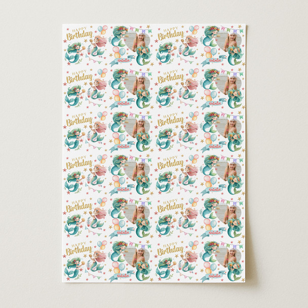 Personalised Wrapping Paper Kids Birthday Mermaid Photo Custom Gift Wrap
