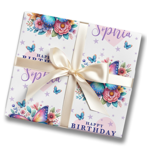 Personalised Wrapping Paper Kids Birthday White Butterflies Custom Gift Wrap