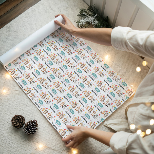 Personalised Wrapping Paper Kids Birthday Woodland Animal White Custom Gift Wrap