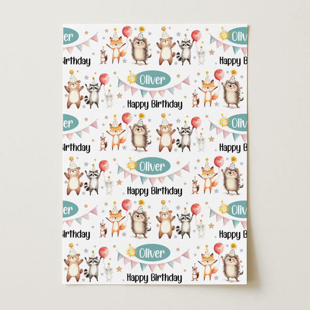 Personalised Wrapping Paper Kids Birthday Woodland Animal Custom Gift Wrap