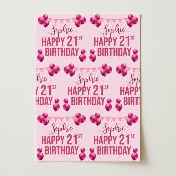 Personalised Wrapping Paper 21st Birthday Pink Girls Custom Gift Wrap