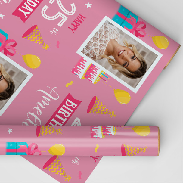 Personalised Wrapping Paper 25th Birthday Girls Photo Pink Custom Gift Wrap