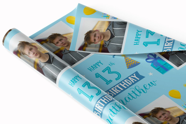 Personalised Wrapping Paper 13th Birthday Blue Photo Boys Custom Gift Wrap