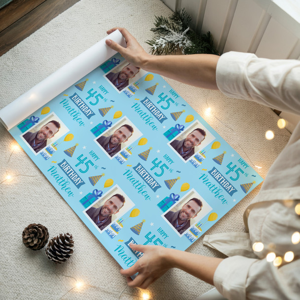 Personalised Wrapping Paper 45th Birthday Photo Blue For Him Custom Gift Wrap