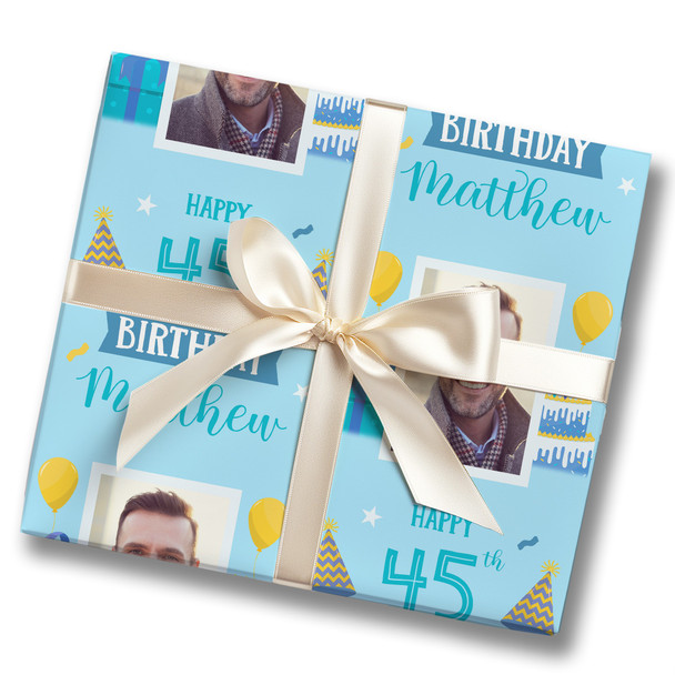 Personalised Wrapping Paper 45th Birthday Photo Blue For Him Custom Gift Wrap