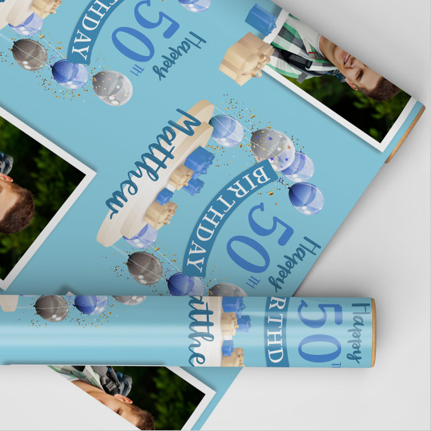 Personalised Wrapping Paper 50th Birthday Blue Photo For Him Custom Gift Wrap