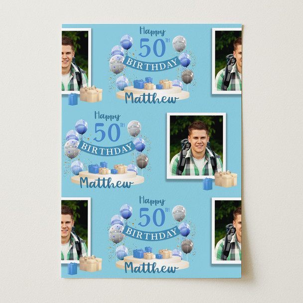Personalised Wrapping Paper 50th Birthday Blue Photo For Him Custom Gift Wrap
