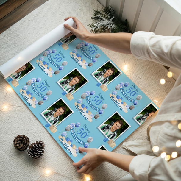 Personalised Wrapping Paper 50th Birthday Blue Photo For Him Custom Gift Wrap