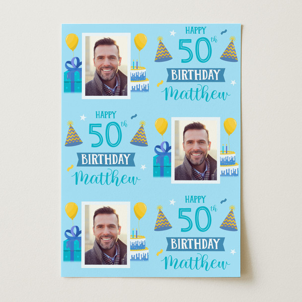 Personalised Wrapping Paper 50th Birthday Photo Blue For Him Custom Gift Wrap