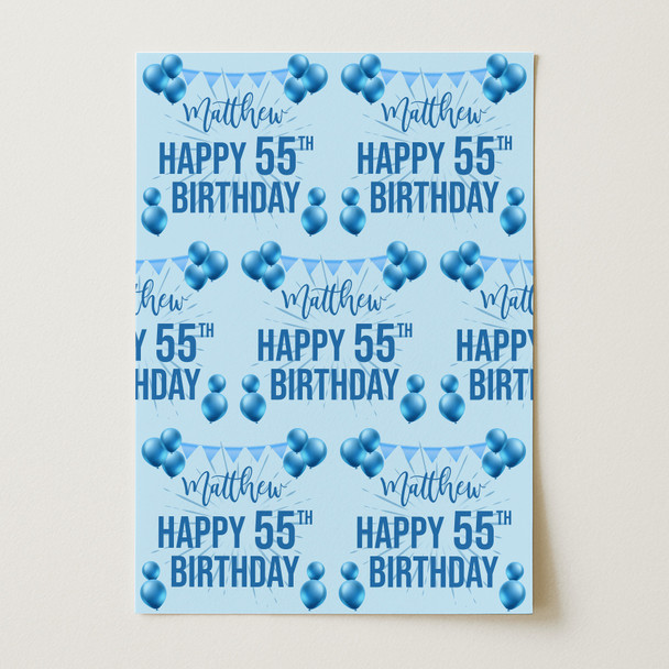 Personalised Wrapping Paper 55th Birthday Blue For Him Custom Gift Wrap