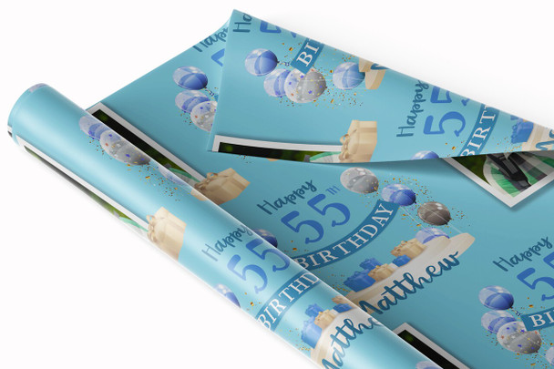 Personalised Wrapping Paper 55th Birthday Blue Photo For Him Custom Gift Wrap