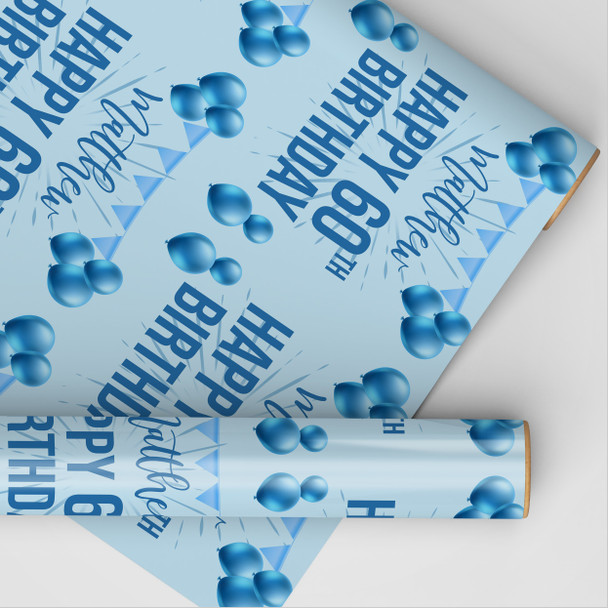 Personalised Wrapping Paper 60th Birthday Blue For Him Custom Gift Wrap