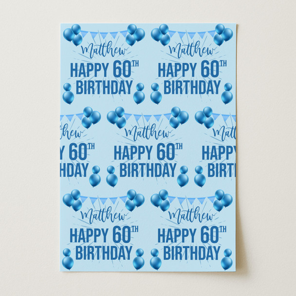 Personalised Wrapping Paper 60th Birthday Blue For Him Custom Gift Wrap