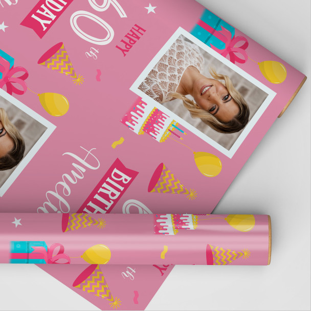 Personalised Wrapping Paper 60th Birthday Pink Photo For Her Custom Gift Wrap