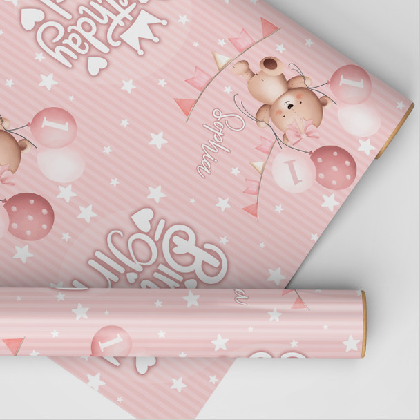 Personalised Wrapping Paper Kids Birthday Baby Pink Teddy Girls Custom Gift Wrap