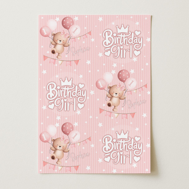 Personalised Wrapping Paper Kids Birthday Baby Pink Teddy Girls Custom Gift Wrap