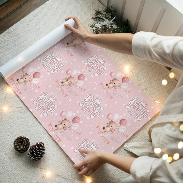 Personalised Wrapping Paper Kids Birthday Baby Pink Teddy Girls Custom Gift Wrap