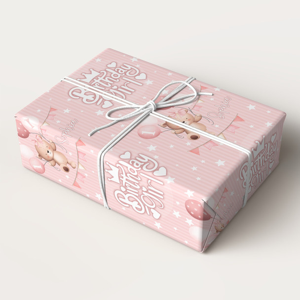 Personalised Wrapping Paper Kids Birthday Baby Pink Teddy Girls Custom Gift Wrap