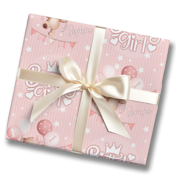 Personalised Wrapping Paper Kids Birthday Baby Pink Teddy Girls Custom Gift Wrap
