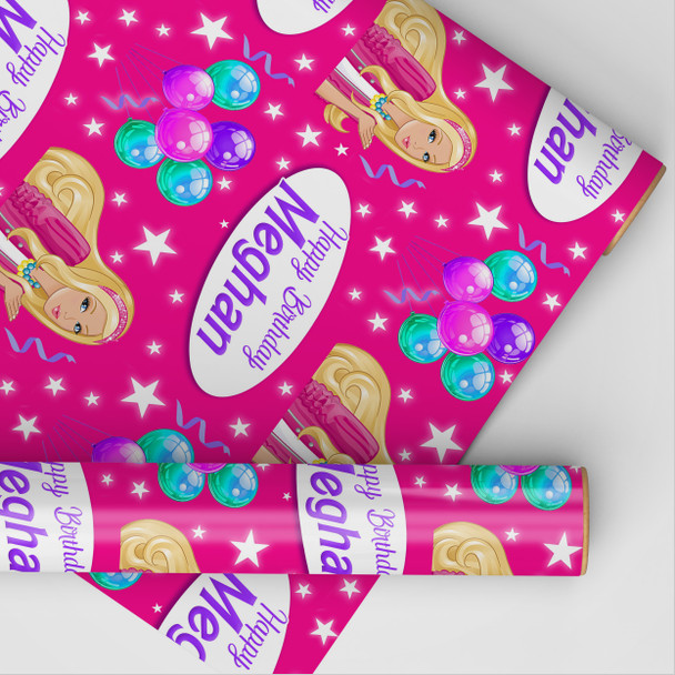 Personalised Wrapping Paper Kids Birthday Barbie Pink Girls Custom Gift Wrap