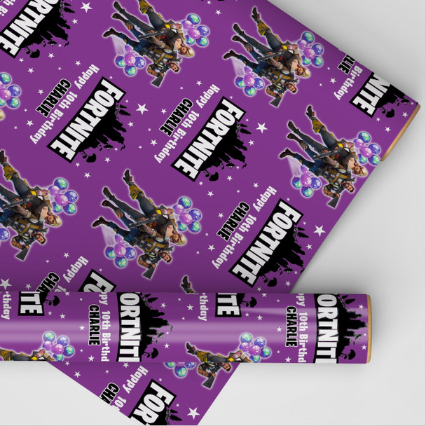 Personalised Wrapping Paper Kids Birthday Purple Fortnite Custom Gift Wrap