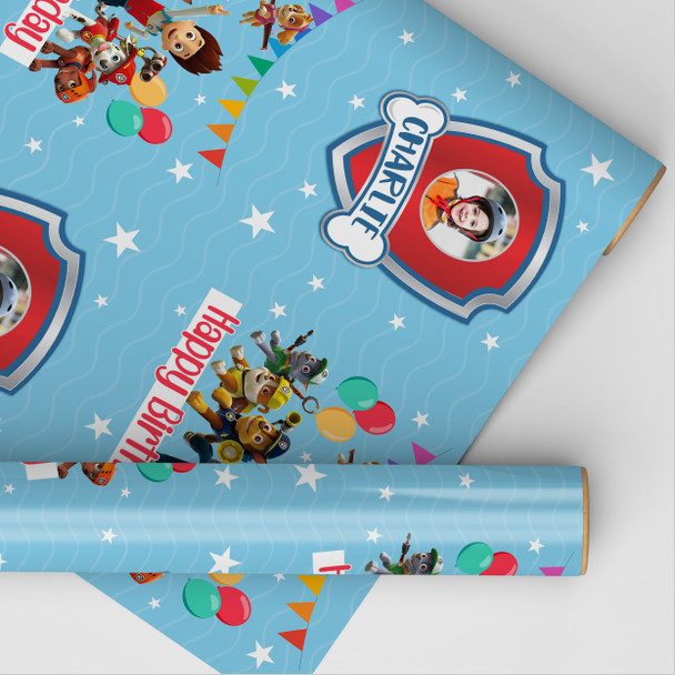 Personalised Wrapping Paper Kids Birthday Blue Boys Paw Patrol Custom Gift Wrap