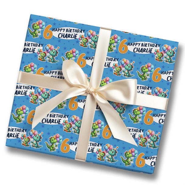 Personalised Wrapping Paper Kids Birthday Blue Dinosaurs Boys Custom Gift Wrap
