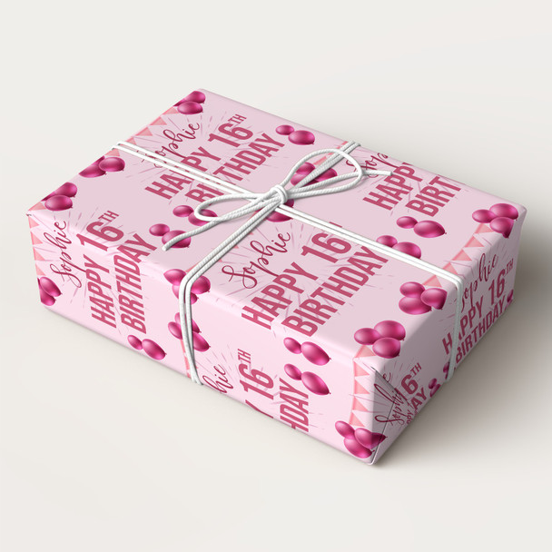 Personalised Wrapping Paper 16th Birthday Pink Girls Custom Gift Wrap