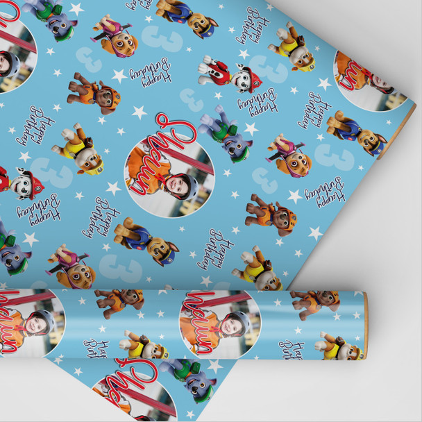 Personalised Wrapping Paper Kids Birthday Blue Paw Patrol Photo Custom Gift Wrap