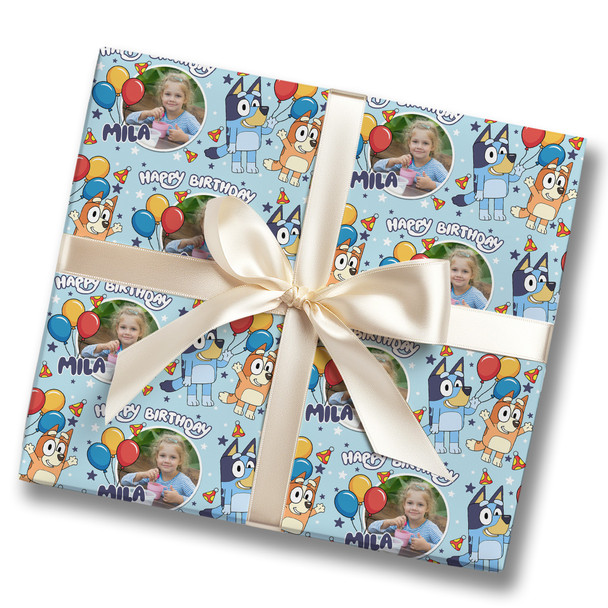 Personalised Wrapping Paper Kids Birthday Blue Photo Bluey Custom Gift Wrap