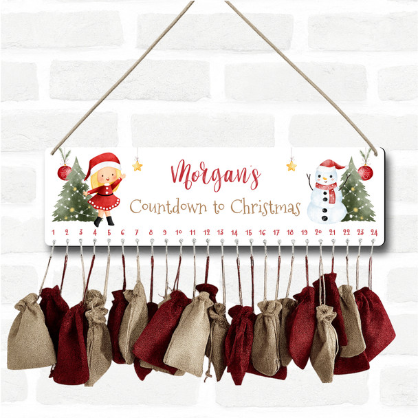 Personalised Christmas Advent Calendar Kids Girl Snowman Xmas Countdown Sign