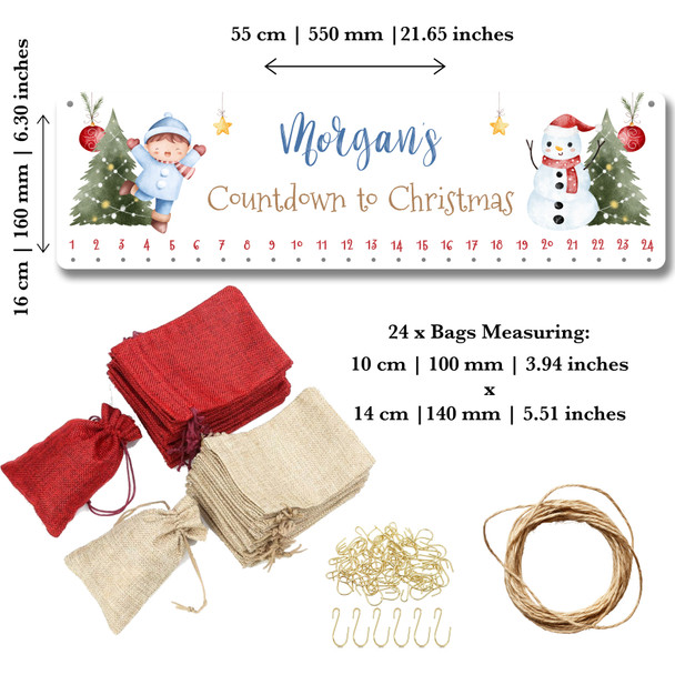 Personalised Christmas Advent Calendar Kids Boy Snowman Tree Xmas Countdown Sign