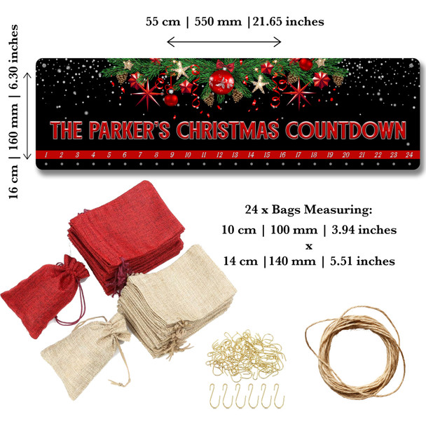 Personalised Christmas Advent Calendar Family Black Garland Xmas Countdown Sign