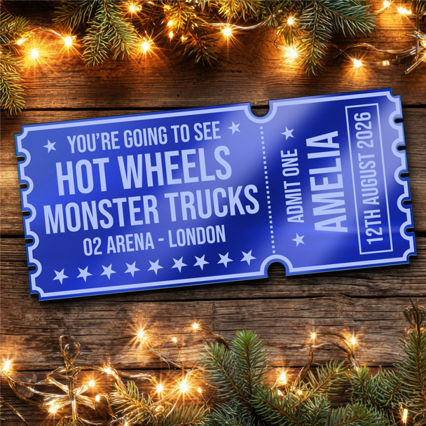 Blue Mirror Acrylic Ticket Hot Wheels Monster Trucks Show Personalised Any Text Blue Mirror Acrylic Ticket Hot Wheels Monster Trucks Show Personalised Any Text