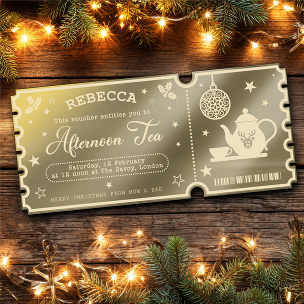 Bronze Mirror Acrylic Ticket Afternoon Tea Christmas Bauble Personalised Voucher