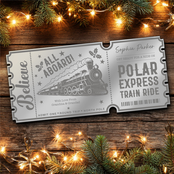 Bronze Mirror Acrylic Ticket Christmas Train Polar Express Personalised Any Text
