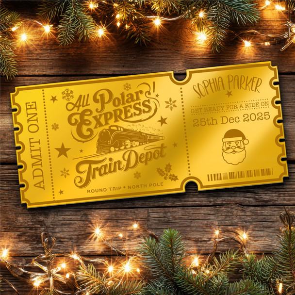 Bronze Mirror Acrylic Ticket Polar Express Christmas Train Ride Personalised