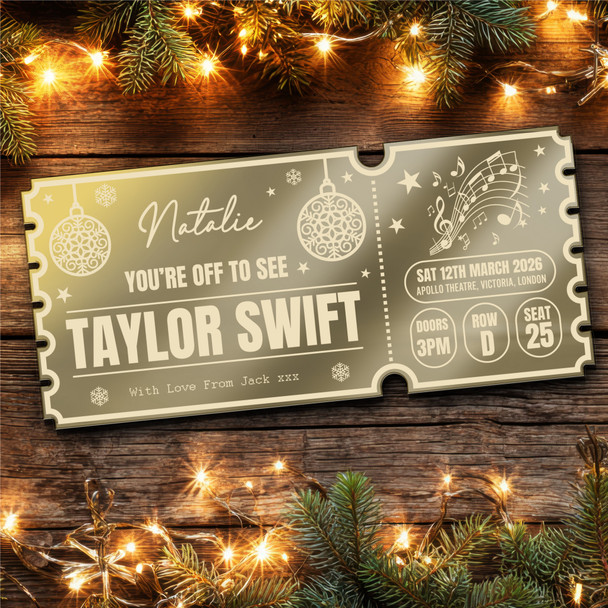 Gold Mirror Acrylic Golden Ticket Any Concert Christmas Baubles Personalised