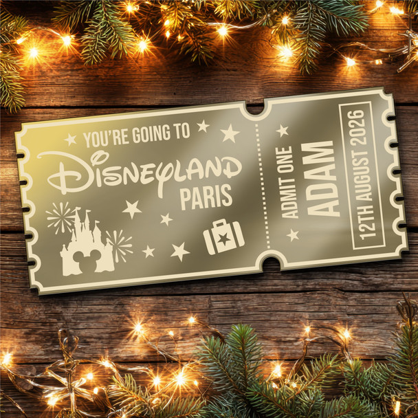 Gold Mirror Acrylic Golden Ticket Surprise Disneyland Paris Trip Personalised