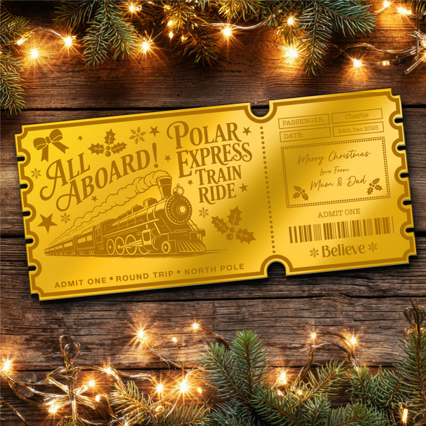 Gold Mirror Acrylic Golden Ticket Polar Express Train Christmas Personalised