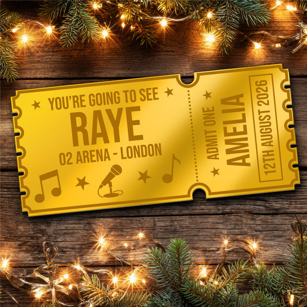 Gold Mirror Acrylic Golden Ticket Raye Concert Personalised Any Text Voucher