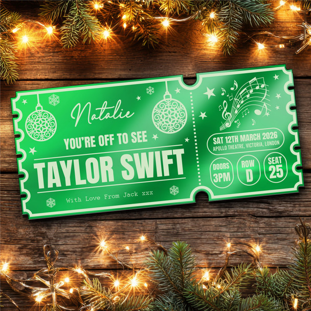 Green Mirror Acrylic Ticket Any Concert Christmas Baubles Personalised Any Text