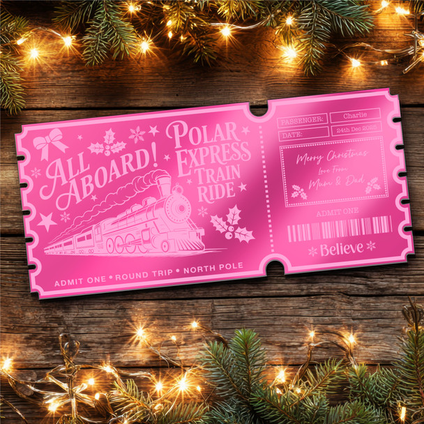 Pink Mirror Acrylic Ticket Polar Express Train Christmas Personalised Any Text Pink Mirror Acrylic Ticket Polar Express Train Christmas Personalised Any Text